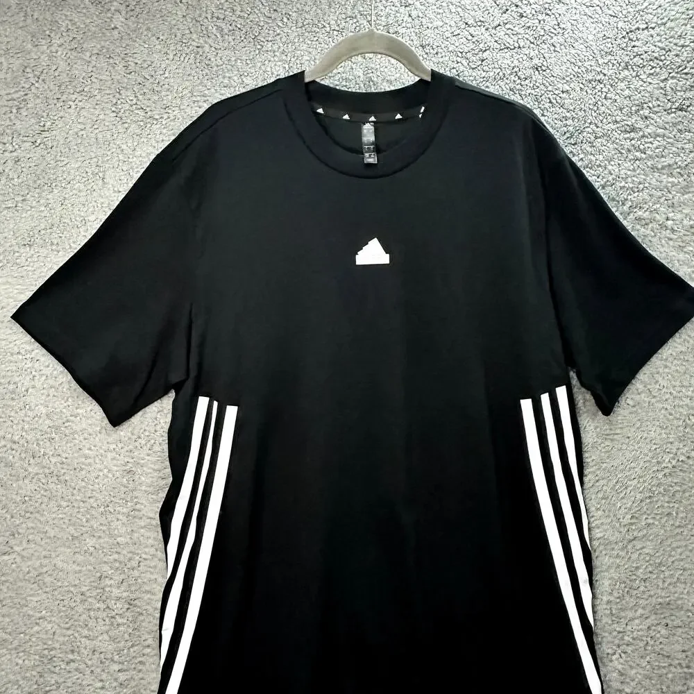 Adidas NWT Men's‎ Large Black Short Sleeve Shirt White Logo Stripes Long Active
